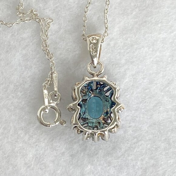 Sterling Silver 925 Blue Topaz CZ Halo Pendant Necklace 18" Cable Chain - Picture 8 of 16